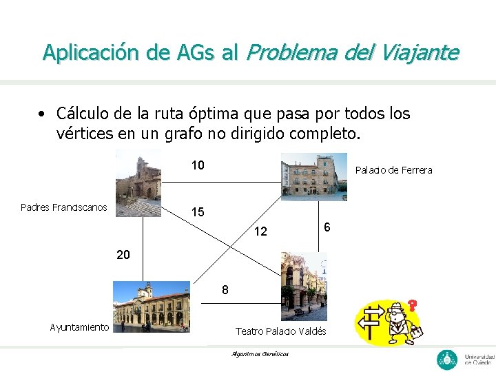 Aplicación de AGs al Problema del Viajante • Cálculo de la ruta óptima que