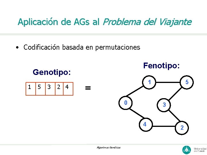 Aplicación de AGs al Problema del Viajante • Codificación basada en permutaciones Fenotipo: Genotipo: