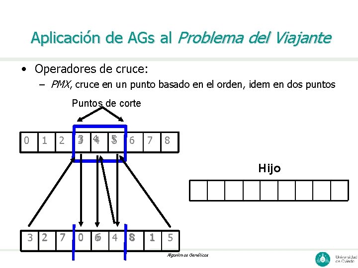 Aplicación de AGs al Problema del Viajante • Operadores de cruce: – PMX, cruce