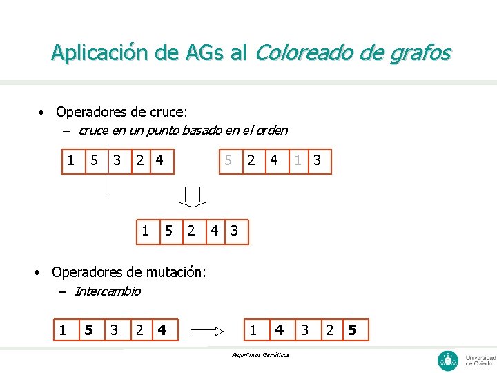 Aplicación de AGs al Coloreado de grafos • Operadores de cruce: – cruce en