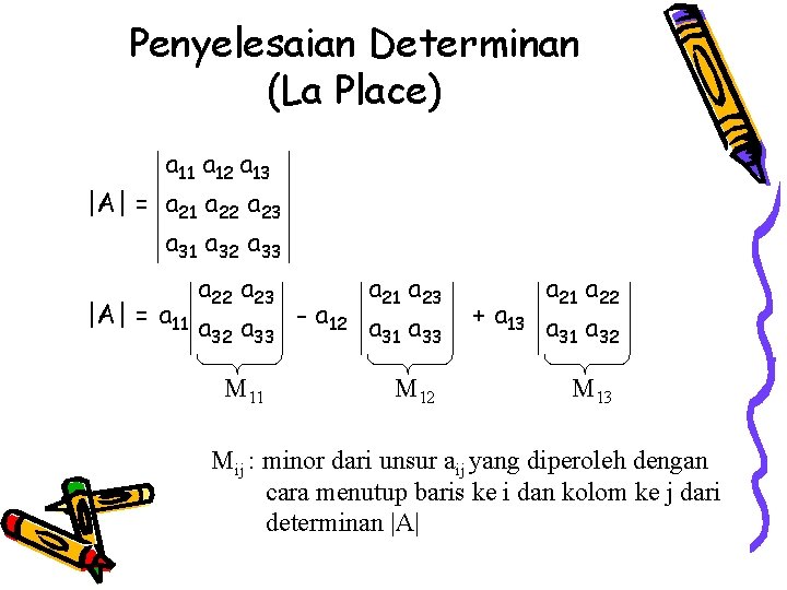 Penyelesaian Determinan (La Place) a 11 a 12 a 13 |A| = a 21