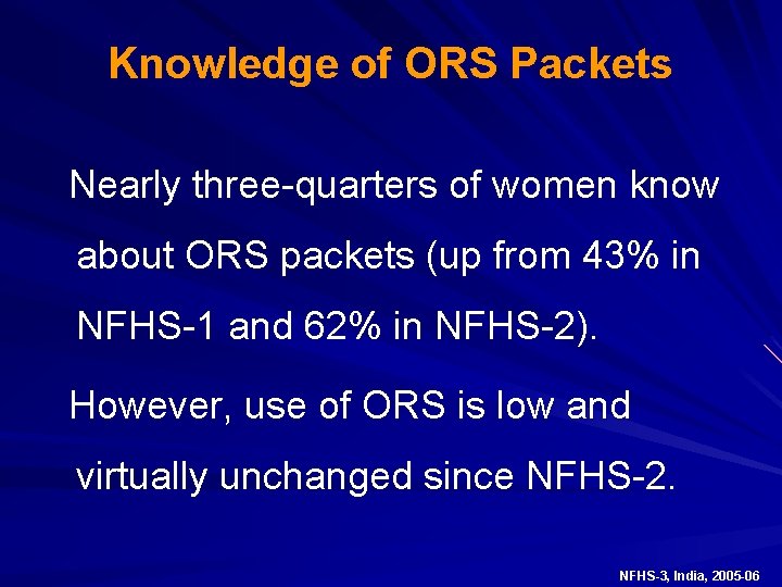 Knowledge of ORS Packets Nearly three-quarters of women know about ORS packets (up from