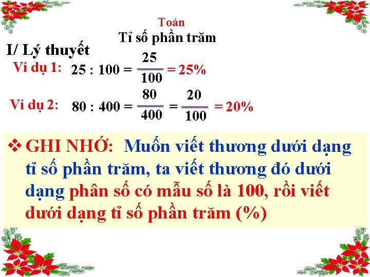 Toán Tỉ số phần trăm I/ Lý thuyết 25 Ví dụ 1: 25 :