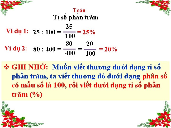 Toán Tỉ số phần trăm 25 Ví dụ 1: 25 : 100 = =