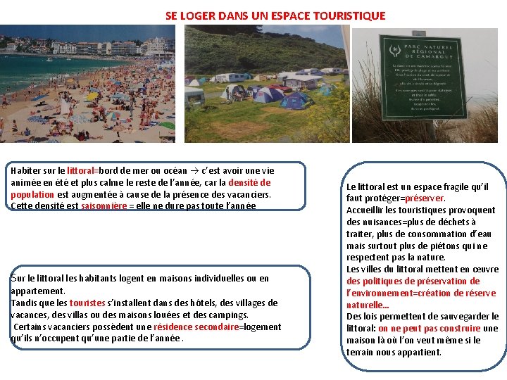 SE LOGER DANS UN ESPACE TOURISTIQUE Habiter sur le littoral=bord de mer ou océan