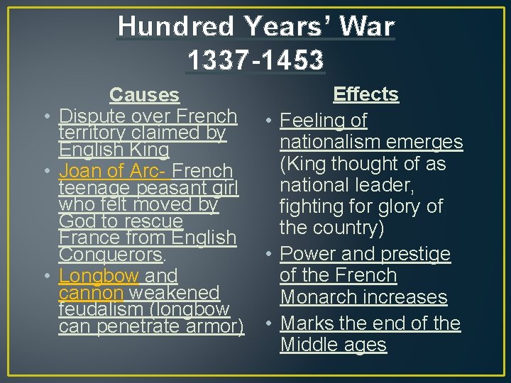 Hundred Years’ War 1337 -1453 Causes • Dispute over French territory claimed by English Hundred Years’ War 1337 -1453 Causes • Dispute over French territory claimed by English