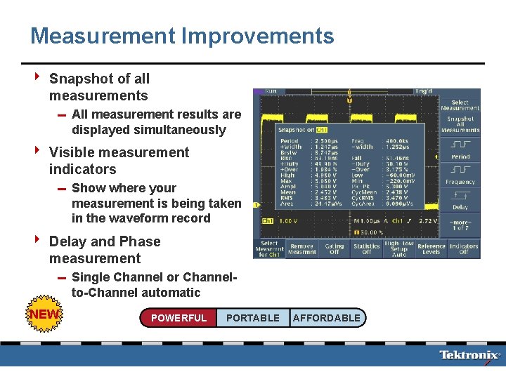 Measurement Improvements 4 Snapshot of all measurements 0 All measurement results are displayed simultaneously