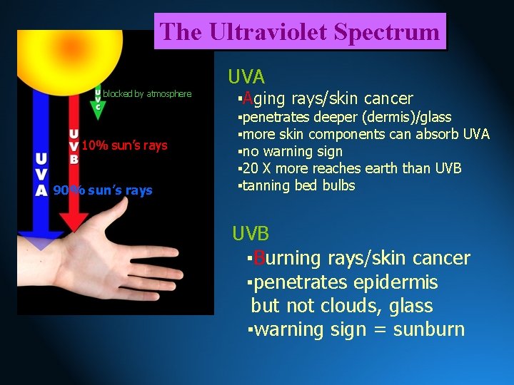 The Ultraviolet Spectrum UVA blocked by atmosphere 10% sun’s rays 90% sun’s rays ▪Aging