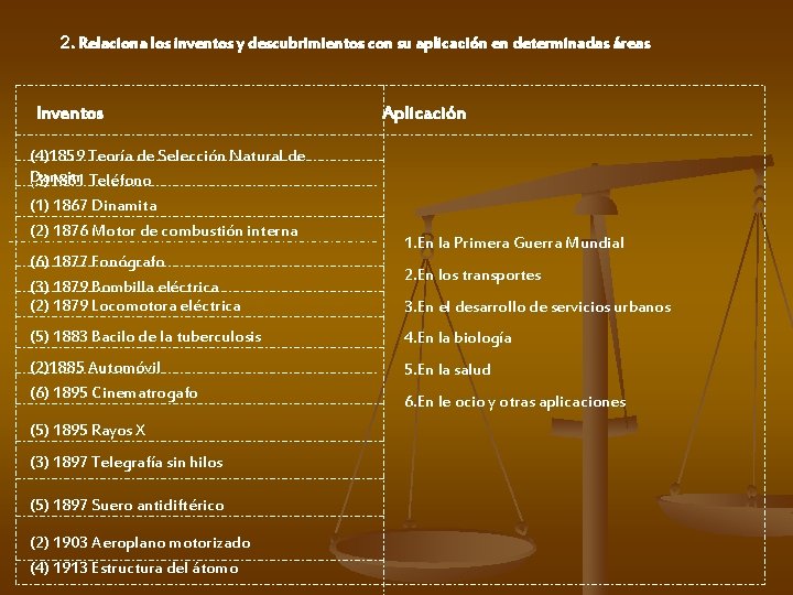 2. Relaciona los inventos y descubrimientos con su aplicación en determinadas áreas Inventos (4)1859