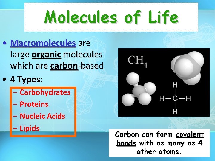 Molecules of Life • Macromolecules are large organic molecules which are carbon-based • 4