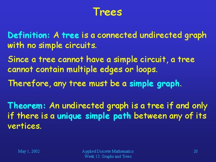 Trees Definition: A tree is a connected undirected graph with no simple circuits. Since