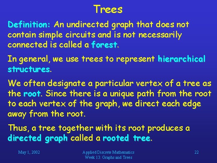 Trees Definition: An undirected graph that does not contain simple circuits and is not