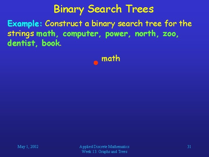 Binary Search Trees Example: Construct a binary search tree for the strings math, computer,