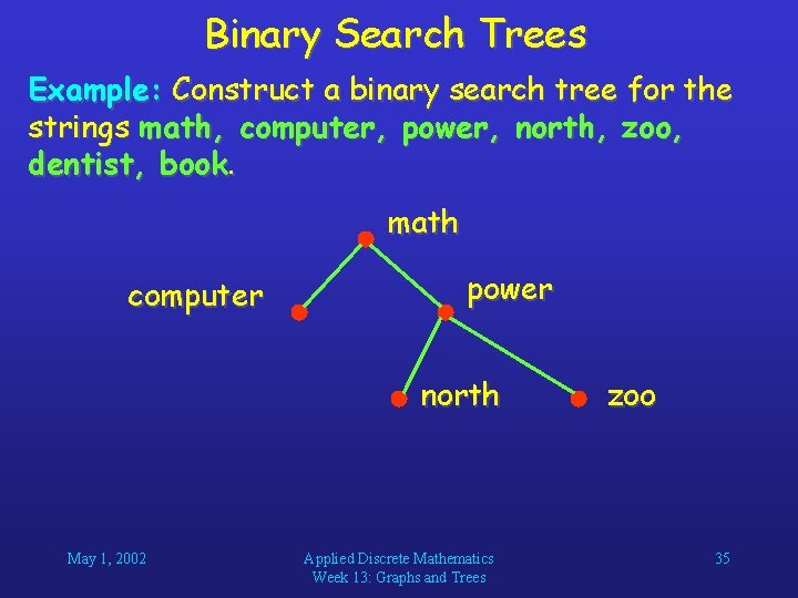 Binary Search Trees Example: Construct a binary search tree for the strings math, computer,