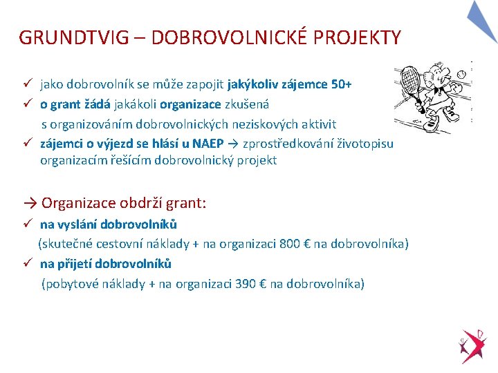 GRUNDTVIG – DOBROVOLNICKÉ PROJEKTY ü jako dobrovolník se může zapojit jakýkoliv zájemce 50+ ü