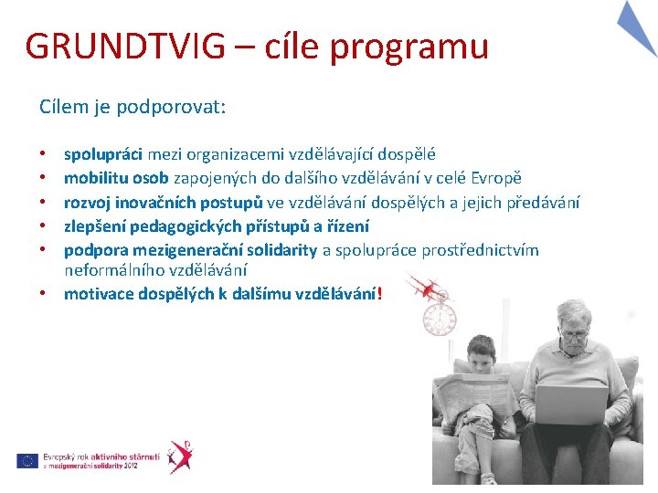 GRUNDTVIG – cíle programu Cílem je podporovat: spolupráci mezi organizacemi vzdělávající dospělé mobilitu osob
