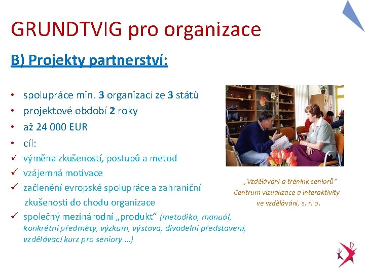 GRUNDTVIG pro organizace B) Projekty partnerství: • • spolupráce min. 3 organizací ze 3