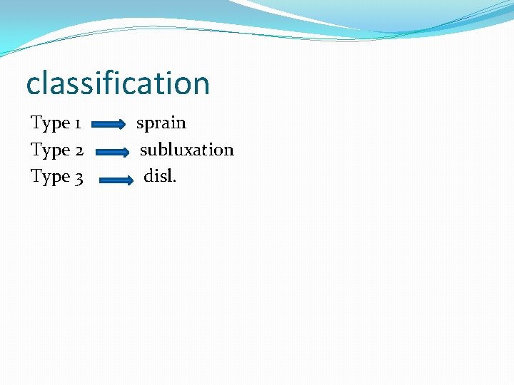 classification Type 1 Type 2 Type 3 sprain subluxation disl. 