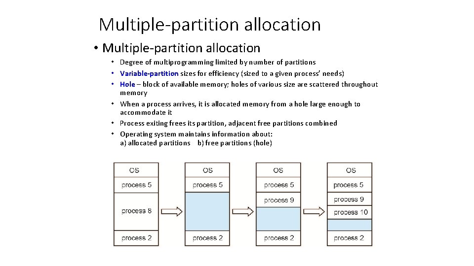 Multiple-partition allocation • Degree of multiprogramming limited by number of partitions • Variable-partition sizes