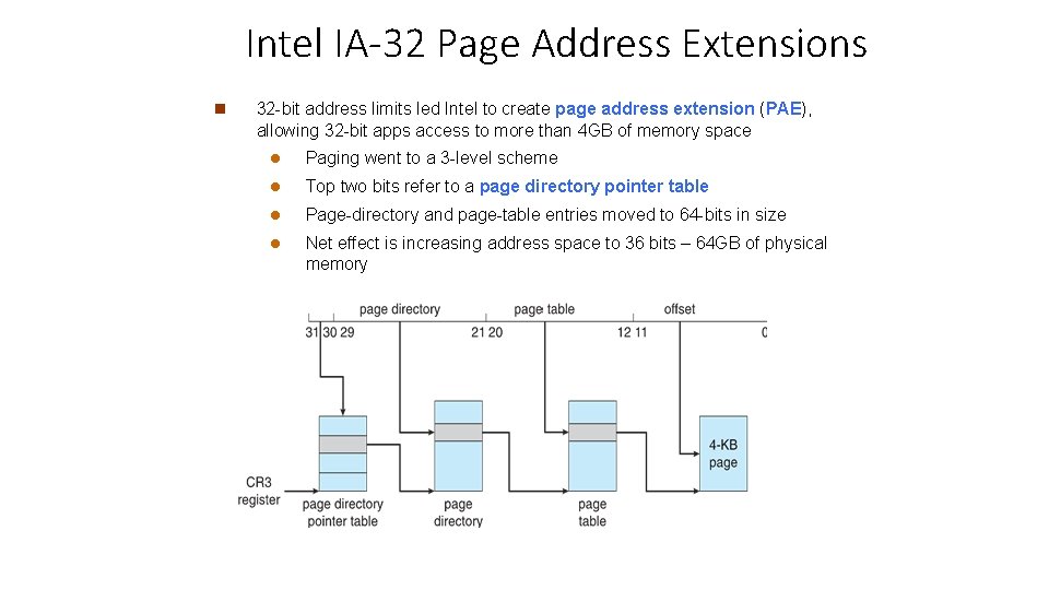 Intel IA-32 Page Address Extensions n 32 -bit address limits led Intel to create
