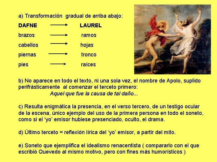 a) Transformación gradual de arriba abajo: DAFNE LAUREL brazos ramos cabellos hojas piernas tronco