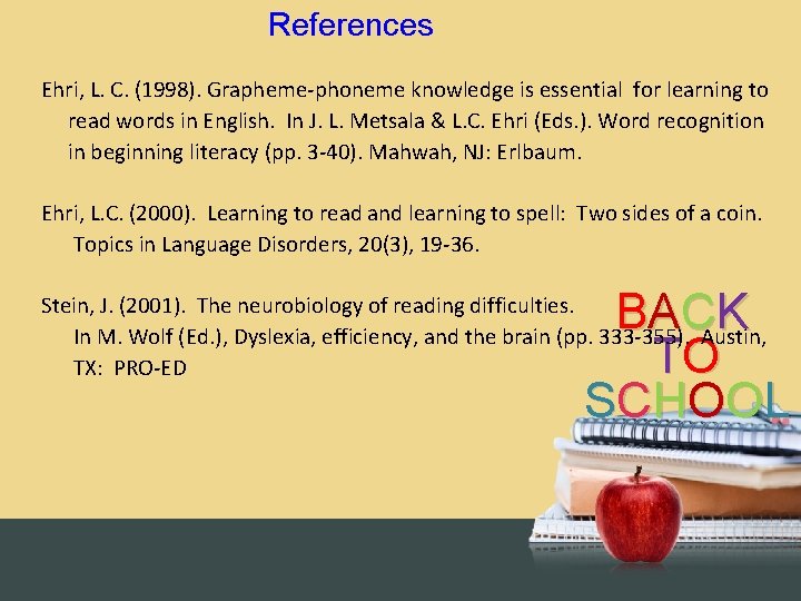 References Ehri, L. C. (1998). Grapheme-phoneme knowledge is essential for learning to read words