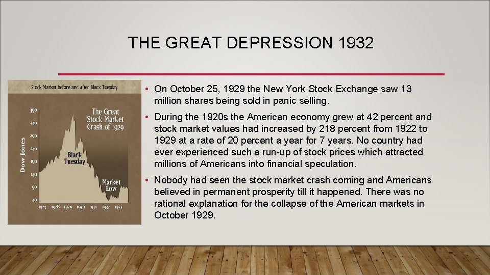 THE GREAT DEPRESSION 1932 • On October 25, 1929 the New York Stock Exchange