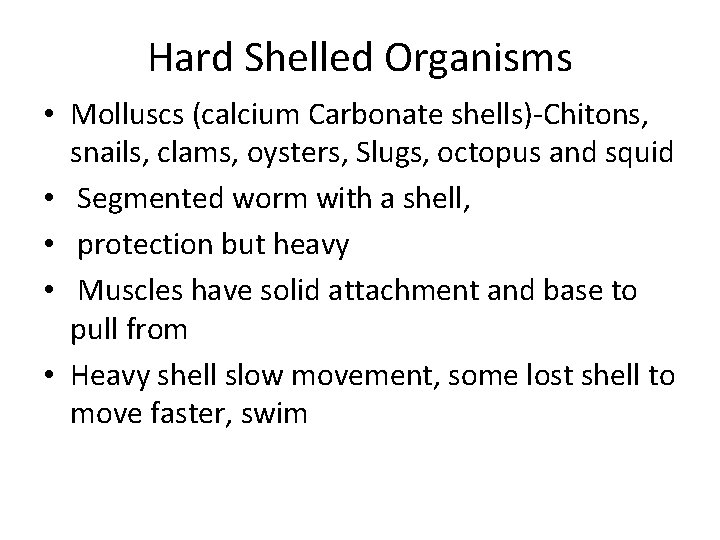 Hard Shelled Organisms • Molluscs (calcium Carbonate shells)-Chitons, snails, clams, oysters, Slugs, octopus and