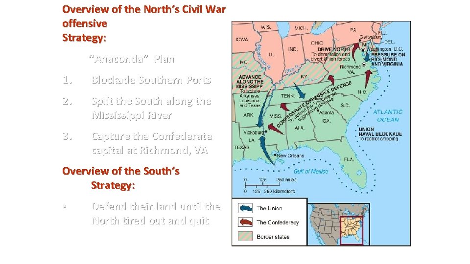 Overview of the North’s Civil War offensive Strategy: “Anaconda” Plan 1. Blockade Southern Ports