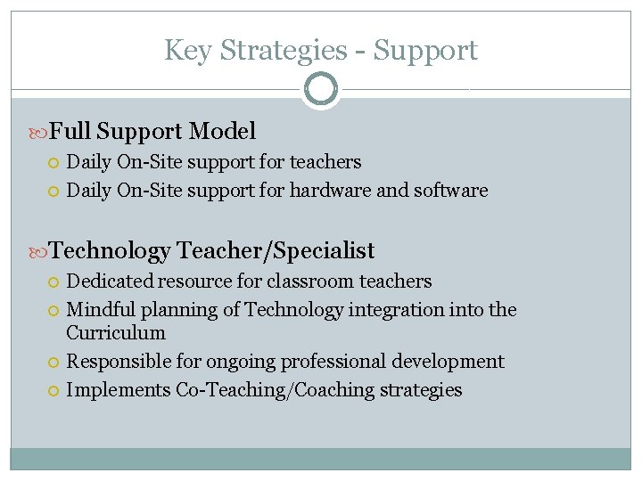 Key Strategies - Support Full Support Model Daily On-Site support for teachers Daily On-Site