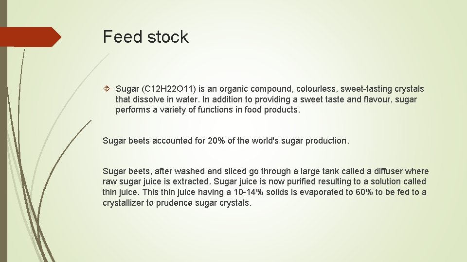 Feed stock Sugar (C 12 H 22 O 11) is an organic compound, colourless,