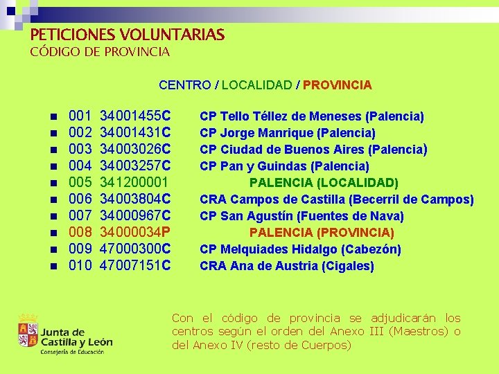 PETICIONES VOLUNTARIAS CÓDIGO DE PROVINCIA CENTRO / LOCALIDAD / PROVINCIA n n n n