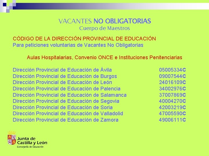 VACANTES NO OBLIGATORIAS Cuerpo de Maestros CÓDIGO DE LA DIRECCIÓN PROVINCIAL DE EDUCACIÓN Para