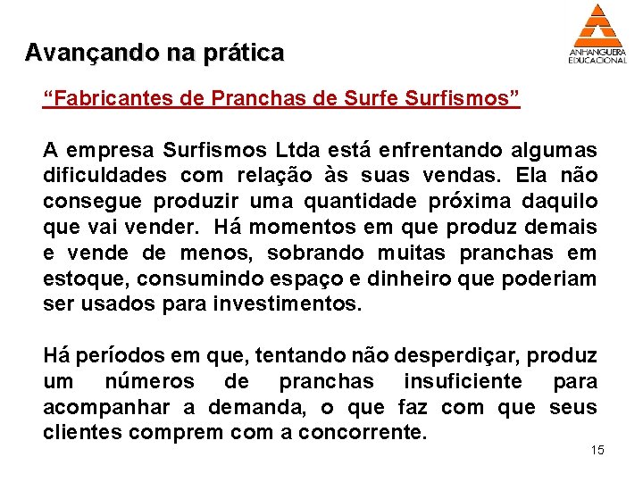 Avançando na prática “Fabricantes de Pranchas de Surfismos” A empresa Surfismos Ltda está enfrentando