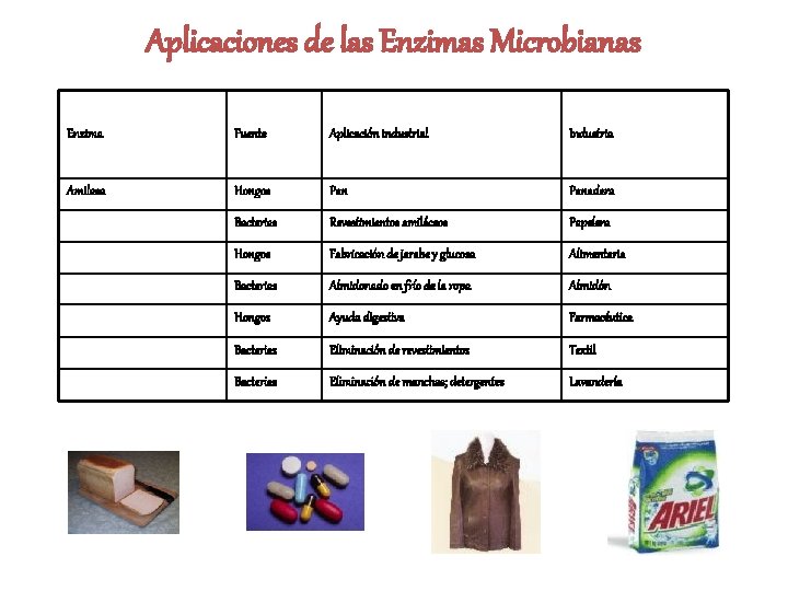 Aplicaciones de las Enzimas Microbianas Enzima Fuente Aplicación industrial Industria Amilasa Hongos Panadera Bacterias