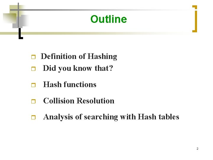 Outline r r Definition of Hashing Did you know that? r Hash functions r