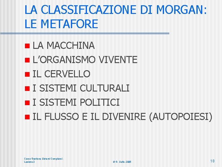 LA CLASSIFICAZIONE DI MORGAN: LE METAFORE n LA MACCHINA n L’ORGANISMO VIVENTE n IL