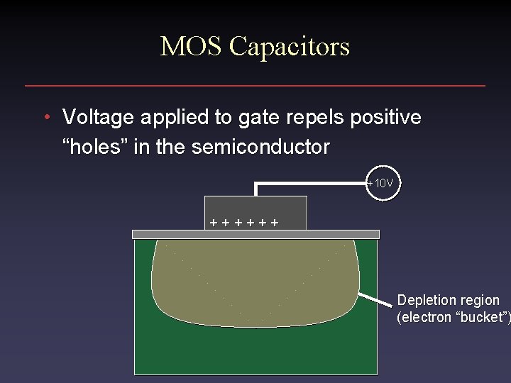 MOS Capacitors • Voltage applied to gate repels positive “holes” in the semiconductor +10