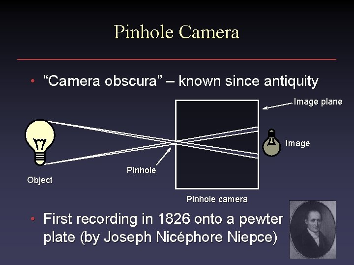 Pinhole Camera • “Camera obscura” – known since antiquity Image plane Image Object Pinhole