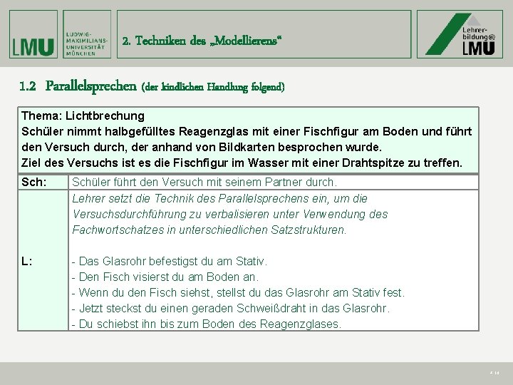 2. Techniken des „Modellierens“ 1. 2 Parallelsprechen (der kindlichen Handlung folgend) Thema: Lichtbrechung Schüler