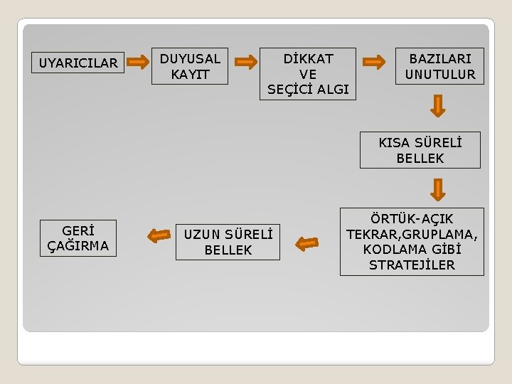 UYARICILAR DUYUSAL KAYIT DİKKAT VE SEÇİCİ ALGI BAZILARI UNUTULUR KISA SÜRELİ BELLEK GERİ ÇAĞIRMA