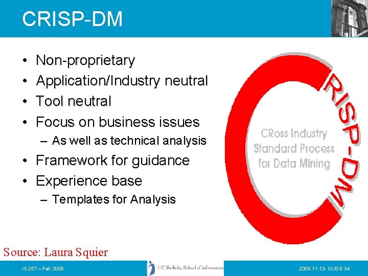 CRISP-DM • • Non-proprietary Application/Industry neutral Tool neutral Focus on business issues – As