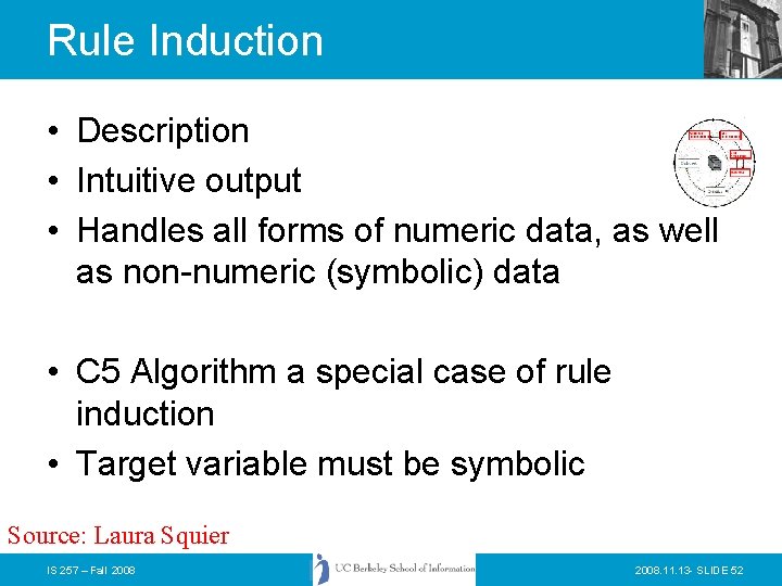 Rule Induction • Description • Intuitive output • Handles all forms of numeric data,