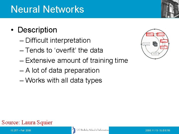 Neural Networks • Description – Difficult interpretation – Tends to ‘overfit’ the data –