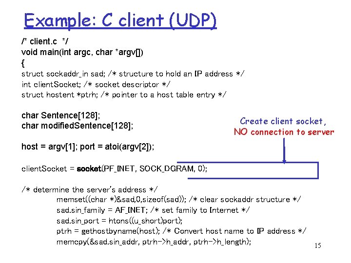 Example: C client (UDP) /* client. c */ void main(int argc, char *argv[]) {