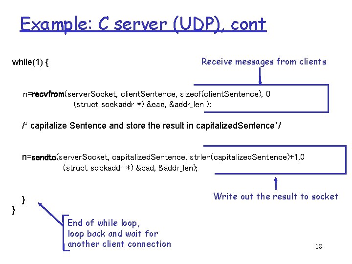 Example: C server (UDP), cont Receive messages from clients while(1) { n=recvfrom(server. Socket, client.