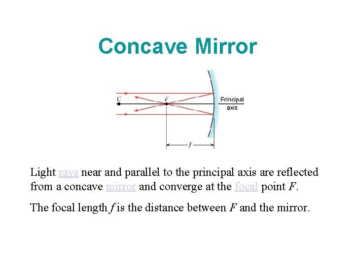 Concave Mirror Light rays near and parallel to the principal axis are reflected from