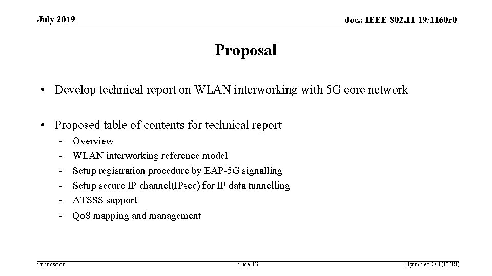 July 2019 doc. : IEEE 802. 11 -19/1160 r 0 Proposal • Develop technical