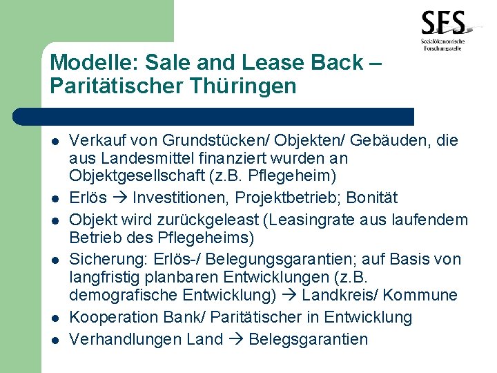 Modelle: Sale and Lease Back – Paritätischer Thüringen l l l Verkauf von Grundstücken/