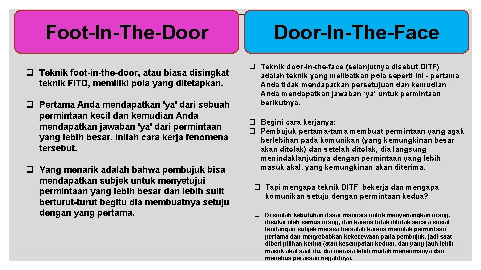 Foot-In-The-Door q Teknik foot-in-the-door, atau biasa disingkat teknik FITD, memiliki pola yang ditetapkan. q